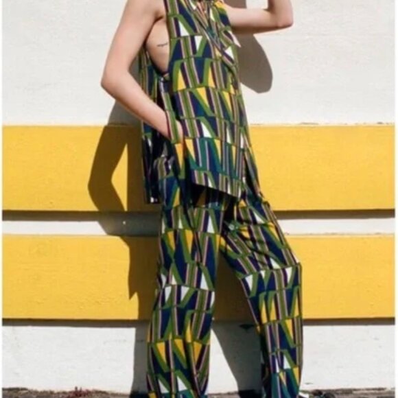Zara Geometric Green Yellow Pink Print Palazzo Pants w/ Pockets M 60's Aesthetic - Picture 15 of 15
